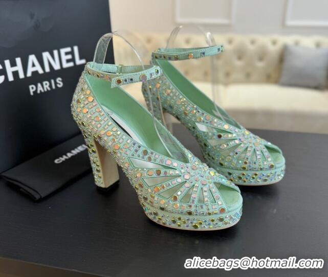 Good Quality Chanel Strass & Suede Sandals with Heel 11cm G45455 Green 042202