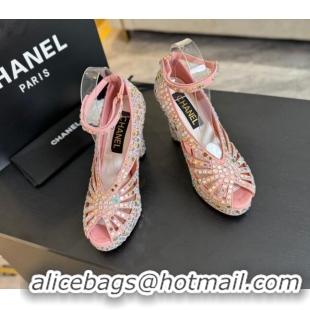 Popular Style Chanel Strass & Suede Sandals with Heel 11cm G45455 Pink 042203