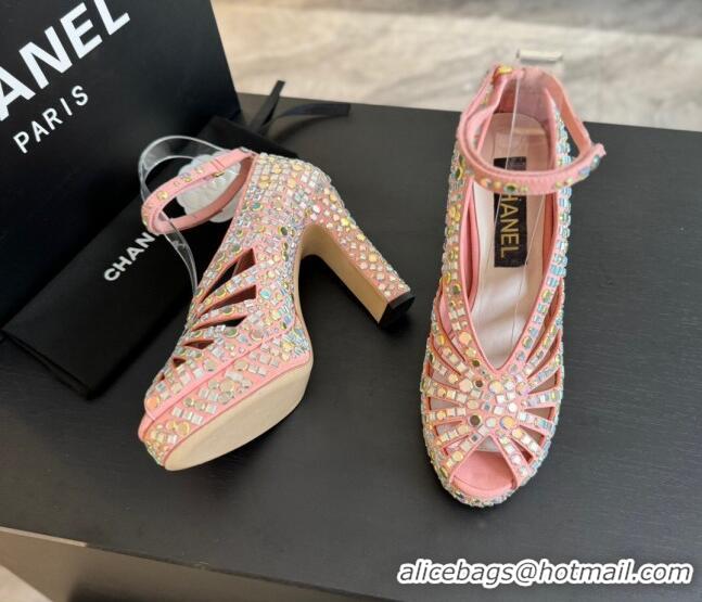 Popular Style Chanel Strass & Suede Sandals with Heel 11cm G45455 Pink 042203