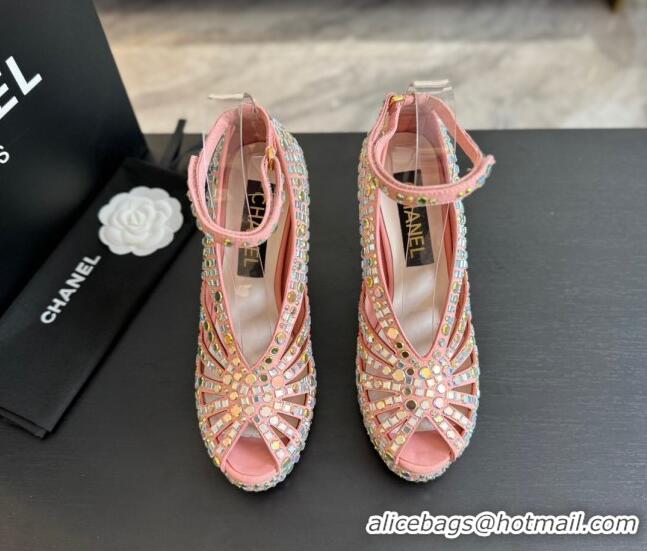 Popular Style Chanel Strass & Suede Sandals with Heel 11cm G45455 Pink 042203