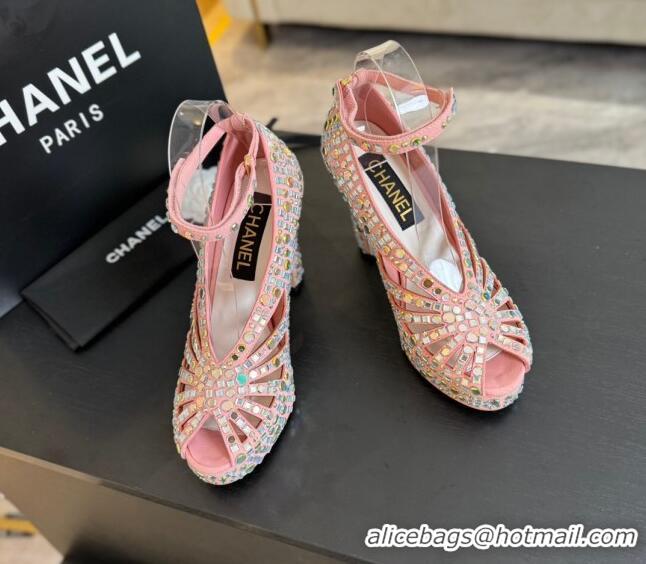 Popular Style Chanel Strass & Suede Sandals with Heel 11cm G45455 Pink 042203