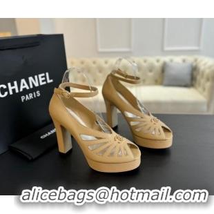 Top Design Chanel Lambskin Sandals with Heel 11cm G45455 Beige 042204