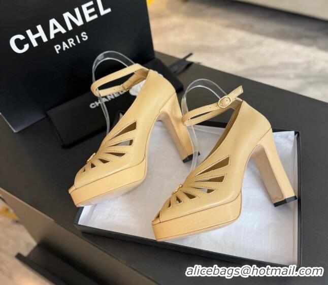 Top Design Chanel Lambskin Sandals with Heel 11cm G45455 Beige 042204