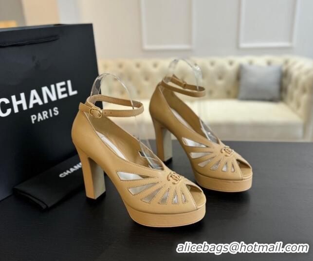 Top Design Chanel Lambskin Sandals with Heel 11cm G45455 Beige 042204