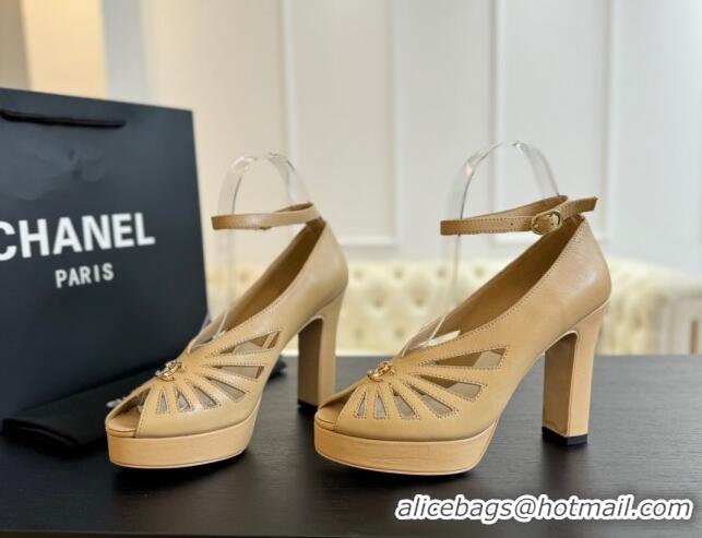 Top Design Chanel Lambskin Sandals with Heel 11cm G45455 Beige 042204