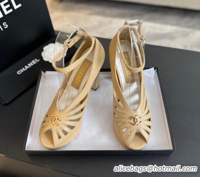 Top Design Chanel Lambskin Sandals with Heel 11cm G45455 Beige 042204