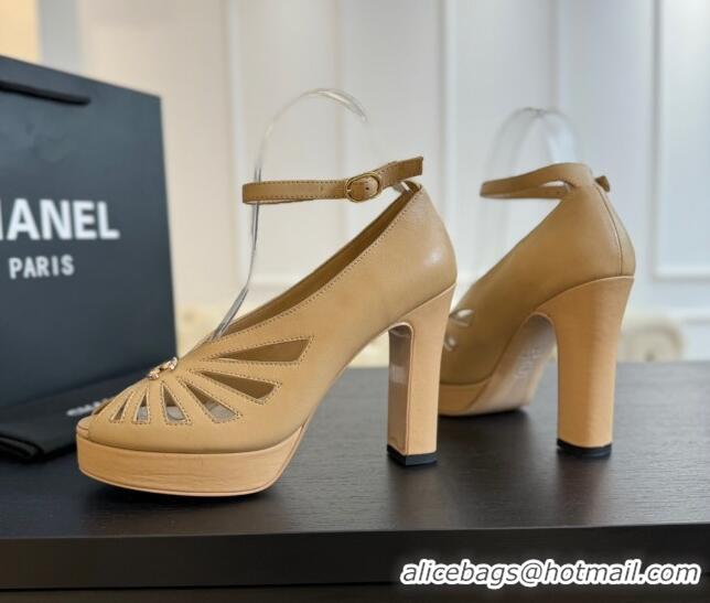 Top Design Chanel Lambskin Sandals with Heel 11cm G45455 Beige 042204