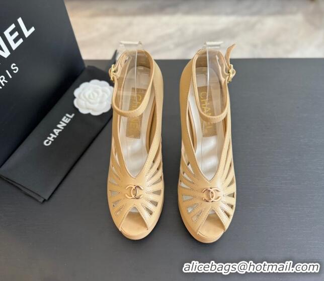 Top Design Chanel Lambskin Sandals with Heel 11cm G45455 Beige 042204