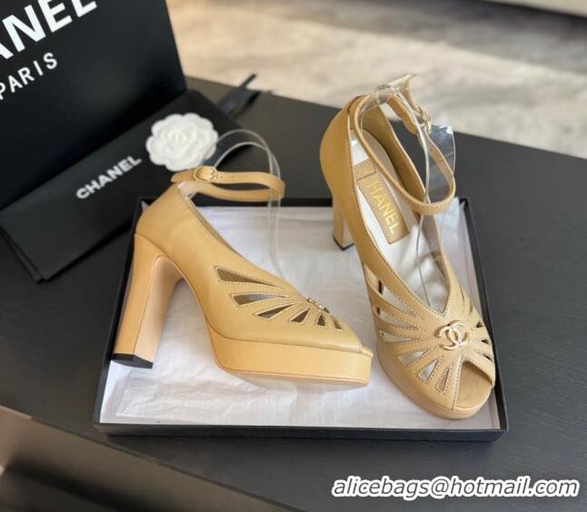 Top Design Chanel Lambskin Sandals with Heel 11cm G45455 Beige 042204