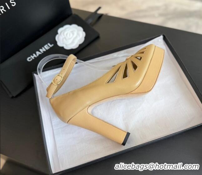 Top Design Chanel Lambskin Sandals with Heel 11cm G45455 Beige 042204