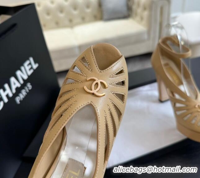 Top Design Chanel Lambskin Sandals with Heel 11cm G45455 Beige 042204