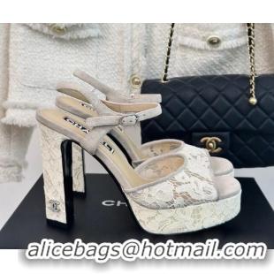 Purchase Chanel Suede and Lace Platform Sandals with 12cm Heel Beige 042207