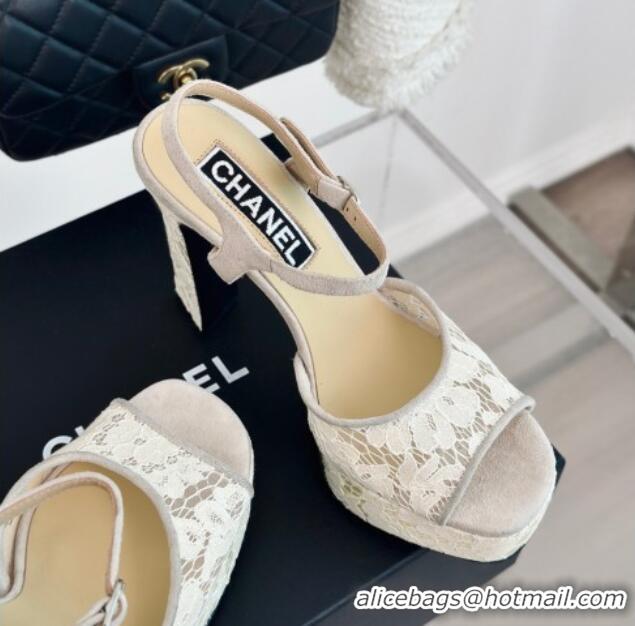 Purchase Chanel Suede and Lace Platform Sandals with 12cm Heel Beige 042207