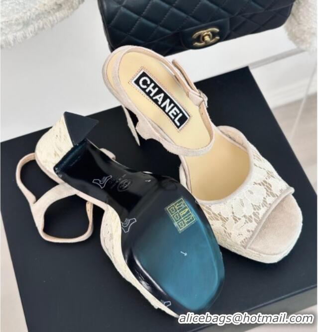 Purchase Chanel Suede and Lace Platform Sandals with 12cm Heel Beige 042207