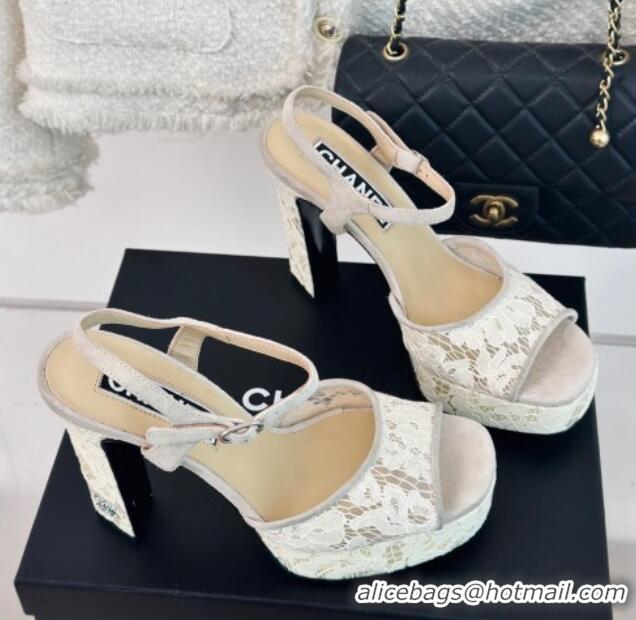 Purchase Chanel Suede and Lace Platform Sandals with 12cm Heel Beige 042207