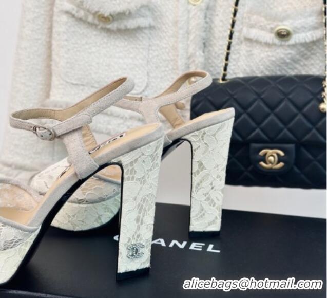 Purchase Chanel Suede and Lace Platform Sandals with 12cm Heel Beige 042207