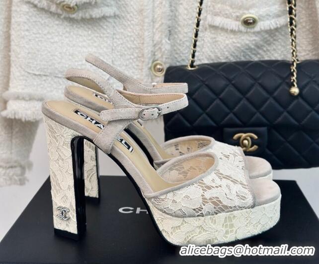 Purchase Chanel Suede and Lace Platform Sandals with 12cm Heel Beige 042207