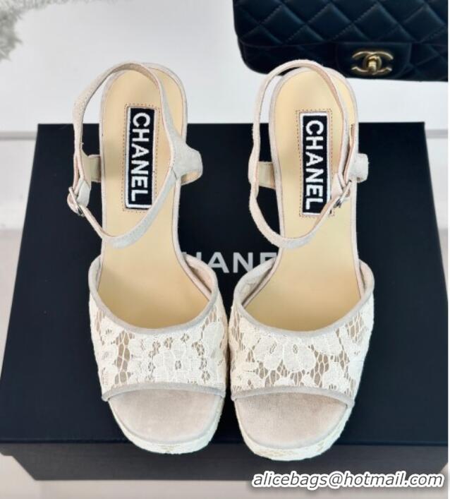 Purchase Chanel Suede and Lace Platform Sandals with 12cm Heel Beige 042207