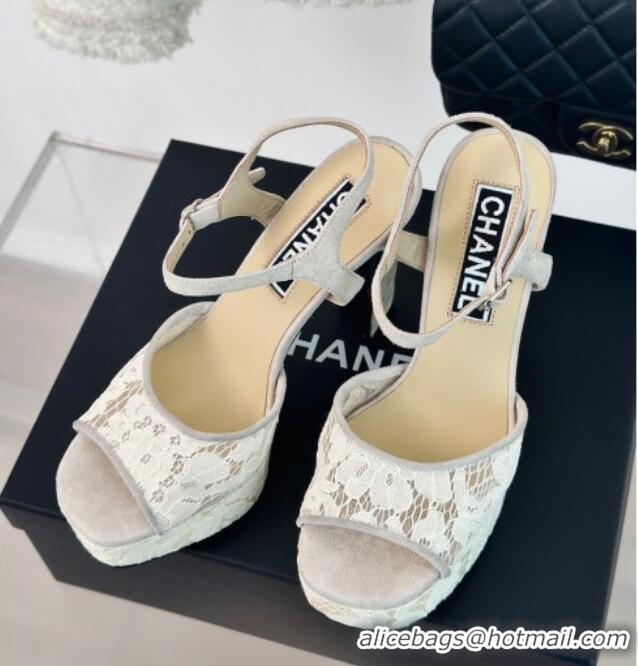 Purchase Chanel Suede and Lace Platform Sandals with 12cm Heel Beige 042207