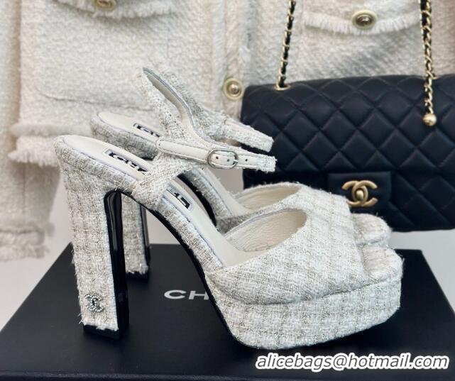 Good Product Chanel Tweed Platform Sandals with 12cm Heel Beige 042209