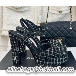 Durable Chanel Tweed Platform Sandals with 12cm Heel Black 042210