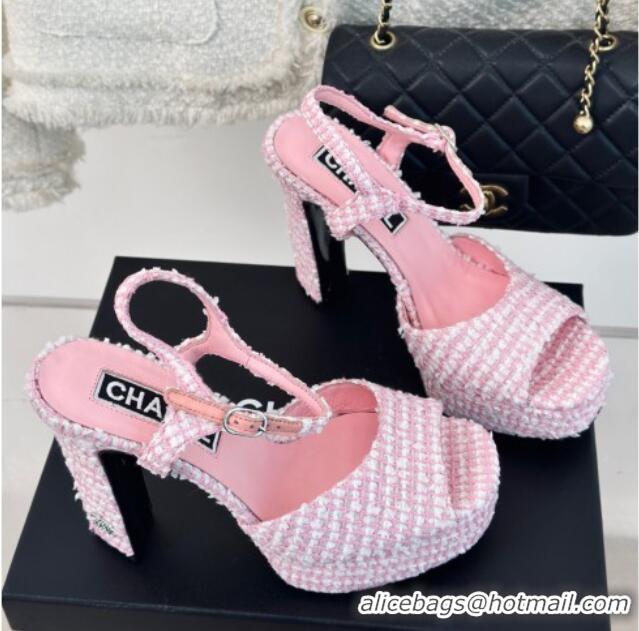 Stylish Chanel Tweed Platform Sandals with 12cm Heel Pink 042211