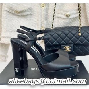 Sumptuous Chanel Lambskin Platform Sandals with 12cm Heel Black 042213