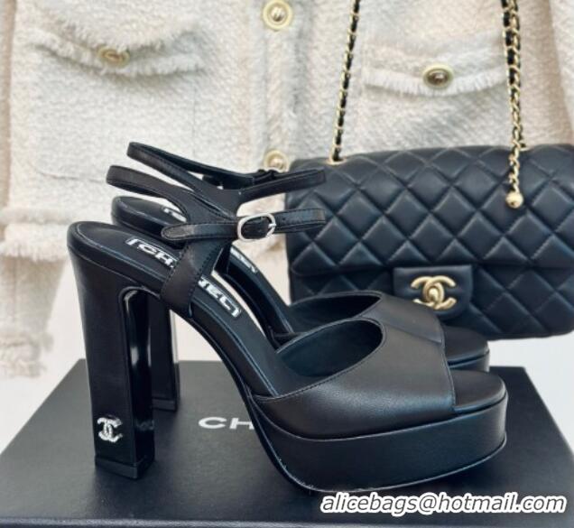 Sumptuous Chanel Lambskin Platform Sandals with 12cm Heel Black 042213