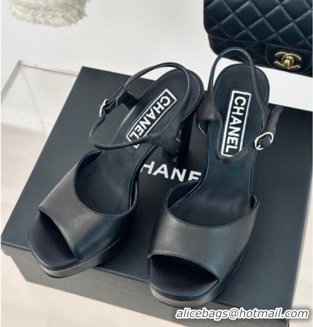 Sumptuous Chanel Lambskin Platform Sandals with 12cm Heel Black 042213