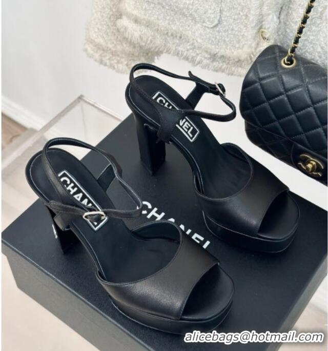 Sumptuous Chanel Lambskin Platform Sandals with 12cm Heel Black 042213