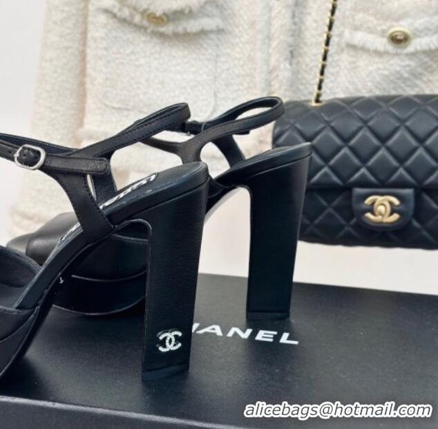 Sumptuous Chanel Lambskin Platform Sandals with 12cm Heel Black 042213