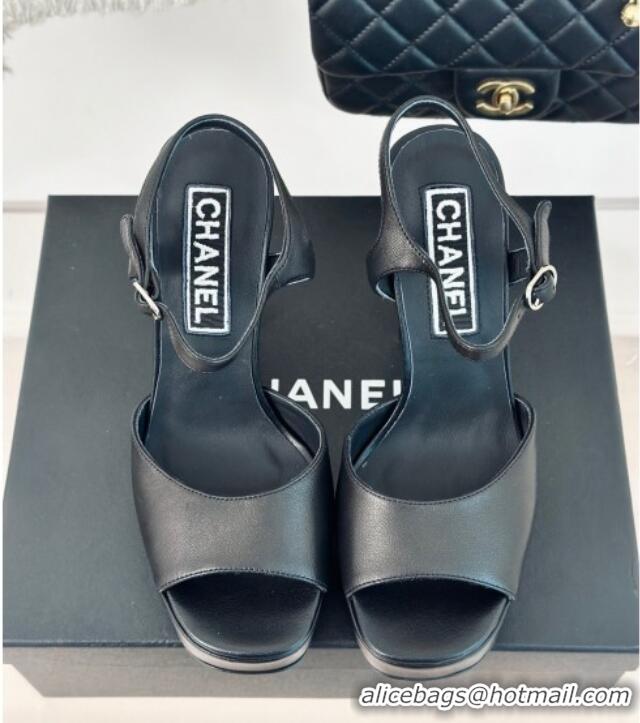 Sumptuous Chanel Lambskin Platform Sandals with 12cm Heel Black 042213