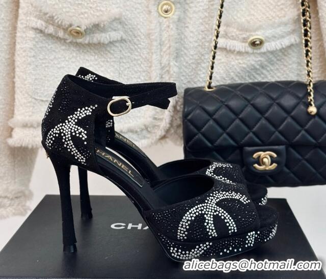 Sumptuous Chanel Suede & Crystal High Heel Sandals 10.5cm Black 042217