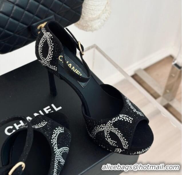 Sumptuous Chanel Suede & Crystal High Heel Sandals 10.5cm Black 042217