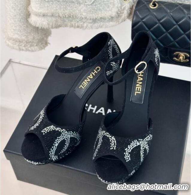 Sumptuous Chanel Suede & Crystal High Heel Sandals 10.5cm Black 042217