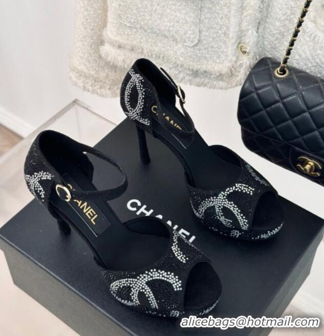 Sumptuous Chanel Suede & Crystal High Heel Sandals 10.5cm Black 042217