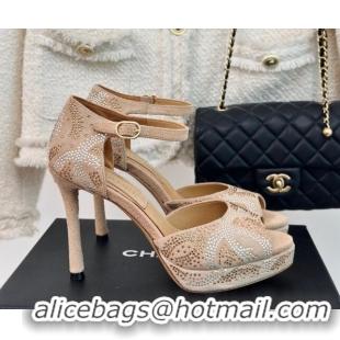 1:1 aaaaa Chanel Suede & Crystal High Heel Sandals 10.5cm Beige 042218