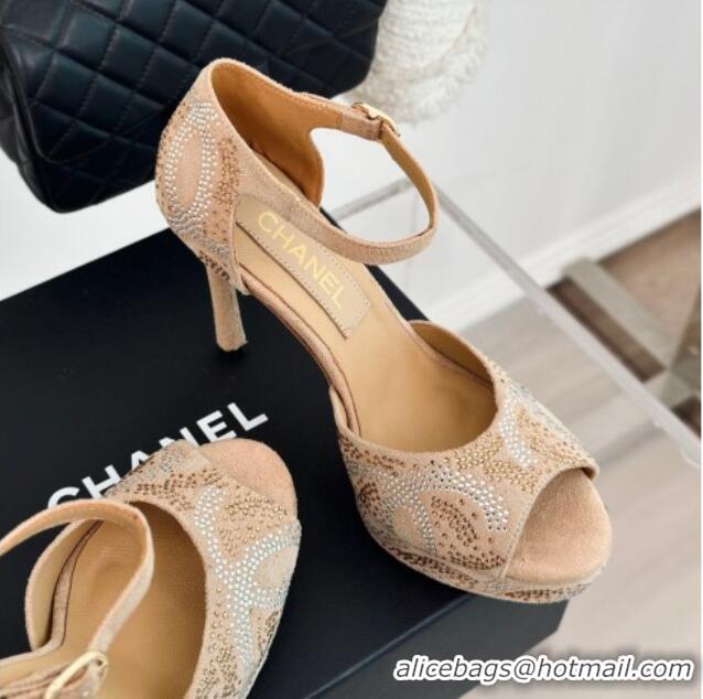 1:1 aaaaa Chanel Suede & Crystal High Heel Sandals 10.5cm Beige 042218