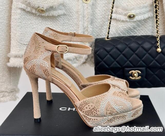 1:1 aaaaa Chanel Suede & Crystal High Heel Sandals 10.5cm Beige 042218