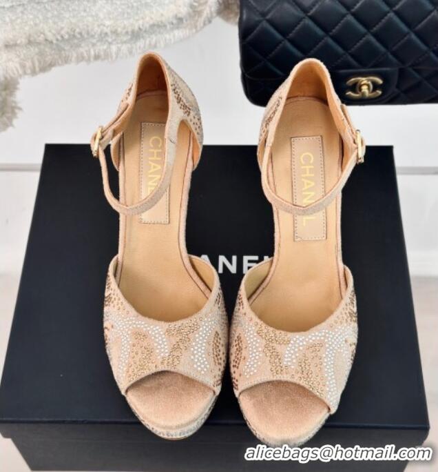 1:1 aaaaa Chanel Suede & Crystal High Heel Sandals 10.5cm Beige 042218