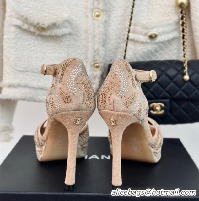 1:1 aaaaa Chanel Suede & Crystal High Heel Sandals 10.5cm Beige 042218