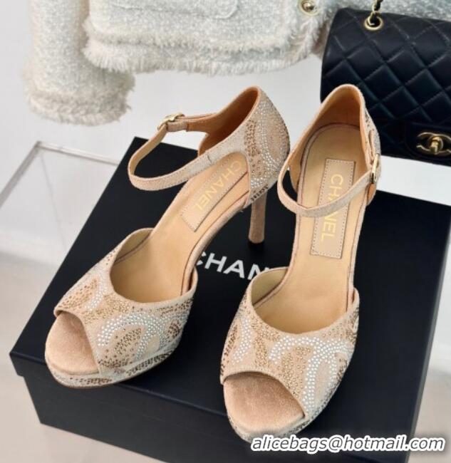 1:1 aaaaa Chanel Suede & Crystal High Heel Sandals 10.5cm Beige 042218