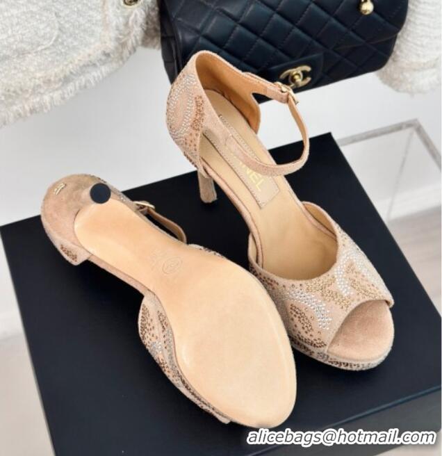 1:1 aaaaa Chanel Suede & Crystal High Heel Sandals 10.5cm Beige 042218