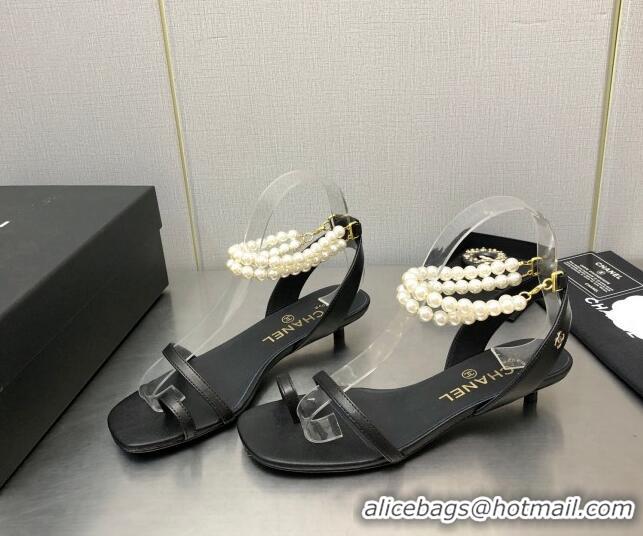 Stylish Chanel Lambskin Heel Sandals with Pearls Ankle Strap Black 0423001