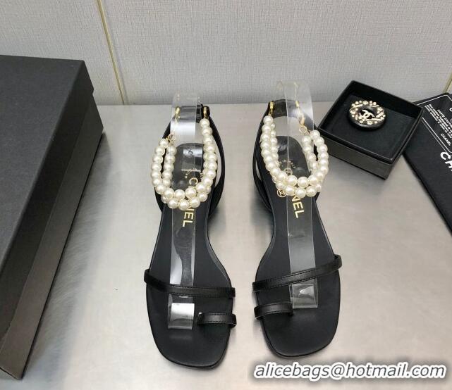 Stylish Chanel Lambskin Heel Sandals with Pearls Ankle Strap Black 0423001