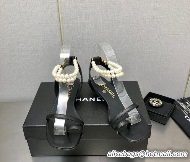 Stylish Chanel Lambskin Heel Sandals with Pearls Ankle Strap Black 0423001