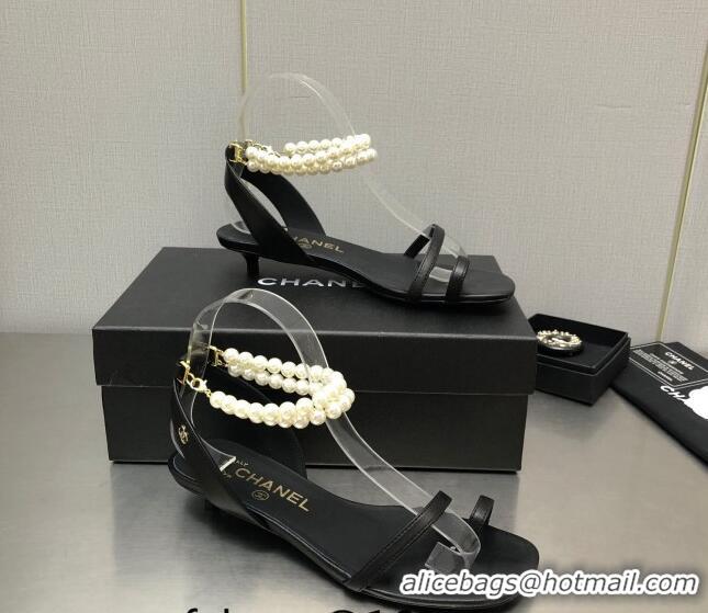 Stylish Chanel Lambskin Heel Sandals with Pearls Ankle Strap Black 0423001