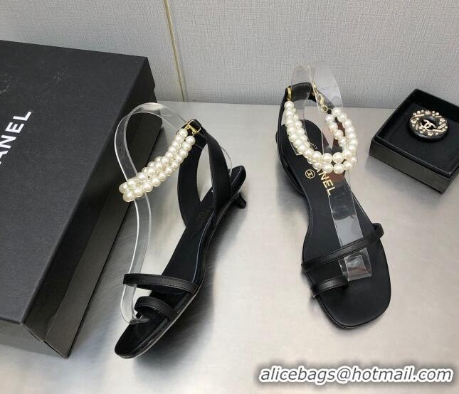 Stylish Chanel Lambskin Heel Sandals with Pearls Ankle Strap Black 0423001