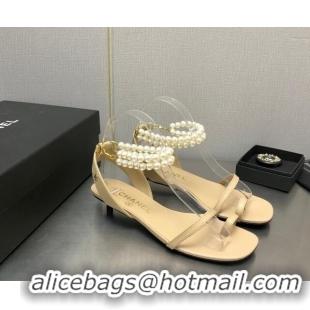 Trendy Design Chanel Lambskin Heel Sandals with Pearls Ankle Strap Beige 423002