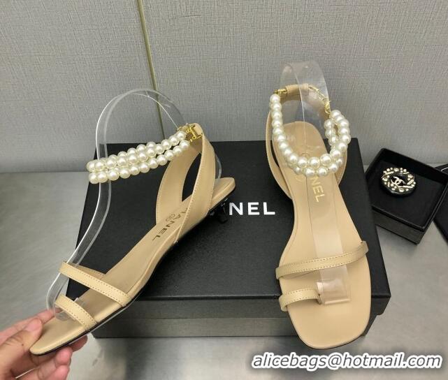 Trendy Design Chanel Lambskin Heel Sandals with Pearls Ankle Strap Beige 423002